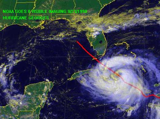 GOES 8 satellite picture of the path of Hurricane Georges and its trail of destruction - Courtesy: NOAA